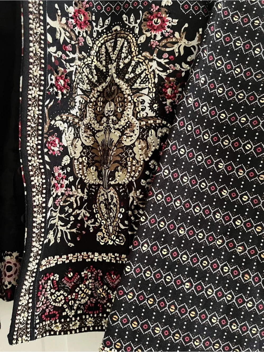 Soft Surroundings Black Cropped Embroidered Blazer with Burgundy & Cream Accent